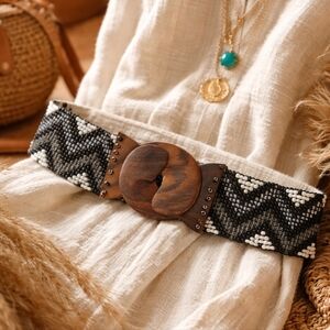 Zig Zag Beaded Belt Wooden Buckle Boho Stretch Waist Belt Statement | Fits S M L